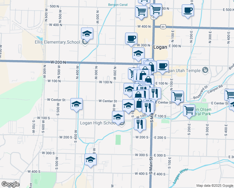 map of restaurants, bars, coffee shops, grocery stores, and more near 30 North 200 West in Logan