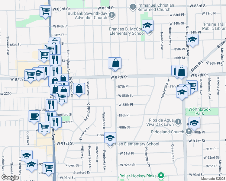 map of restaurants, bars, coffee shops, grocery stores, and more near 8750 Oak Park Avenue in Oak Lawn