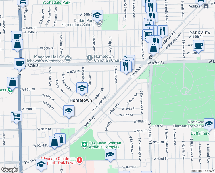 map of restaurants, bars, coffee shops, grocery stores, and more near 8813 South Corcoran Road in Hometown
