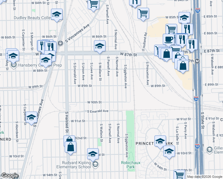 map of restaurants, bars, coffee shops, grocery stores, and more near 8936 South Parnell Avenue in Chicago