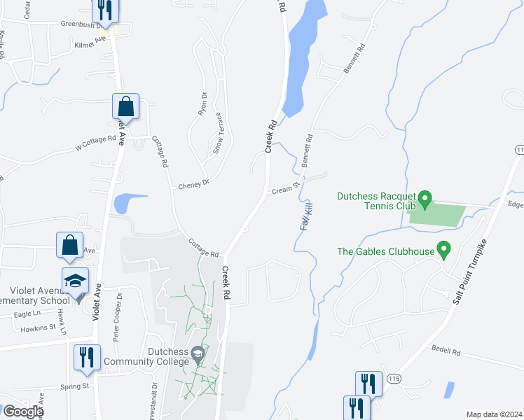 map of restaurants, bars, coffee shops, grocery stores, and more near 238 Creek Road in Poughkeepsie