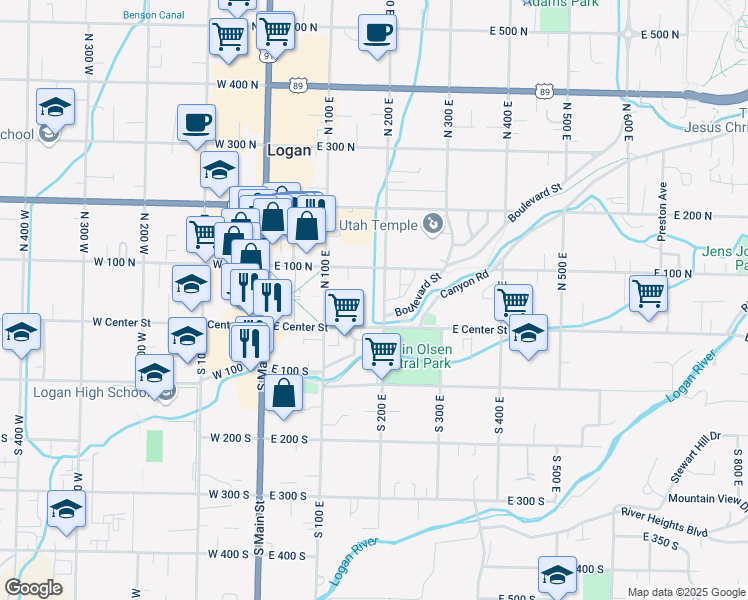 map of restaurants, bars, coffee shops, grocery stores, and more near 191 East Center Street in Logan