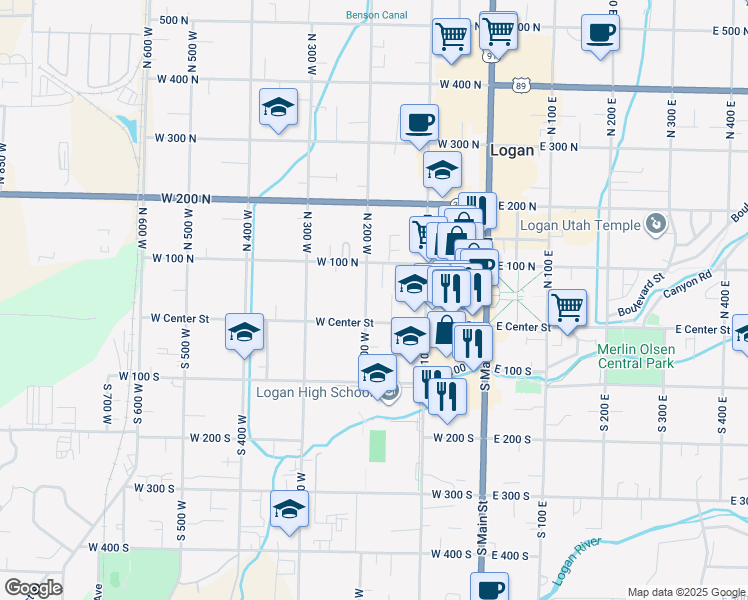 map of restaurants, bars, coffee shops, grocery stores, and more near 10 North 200 West in Logan