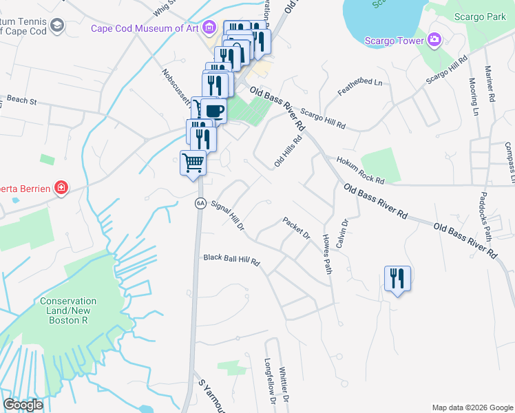 map of restaurants, bars, coffee shops, grocery stores, and more near in Dennis
