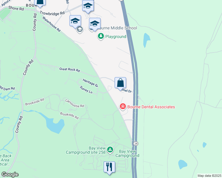 map of restaurants, bars, coffee shops, grocery stores, and more near 1 Carriage Circle in Bourne