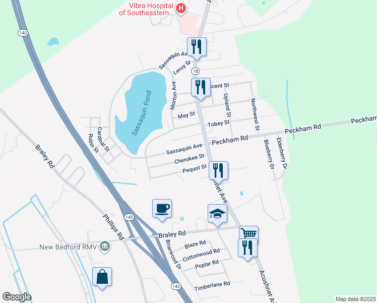 map of restaurants, bars, coffee shops, grocery stores, and more near 1056 Cherokee Street in New Bedford