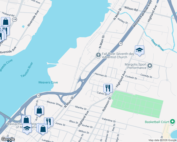 map of restaurants, bars, coffee shops, grocery stores, and more near 276 Homestead Street in Fall River