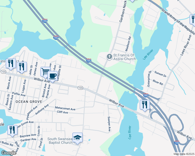 map of restaurants, bars, coffee shops, grocery stores, and more near 688 Gardners Neck Road in Swansea