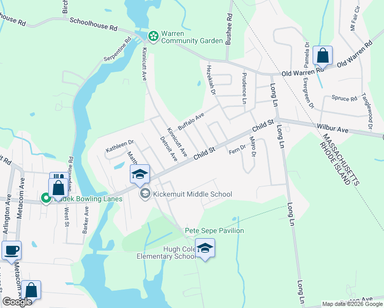 map of restaurants, bars, coffee shops, grocery stores, and more near 559 Child Street in Warren