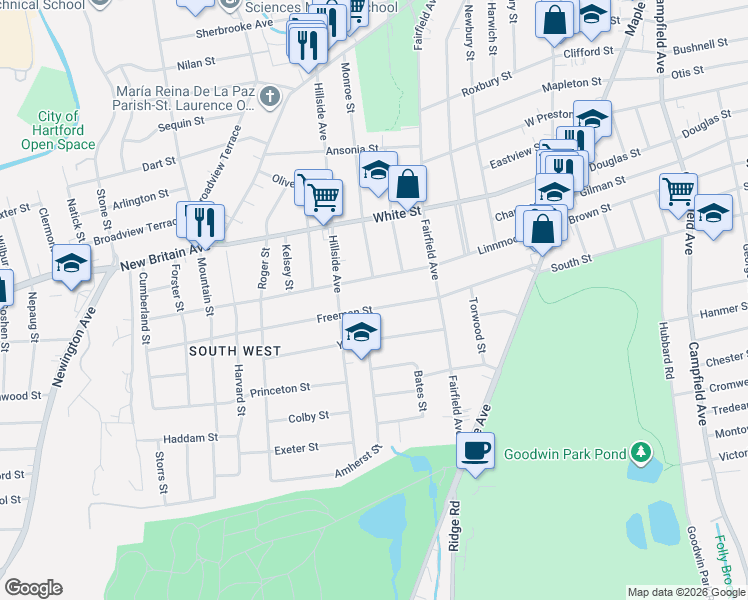 map of restaurants, bars, coffee shops, grocery stores, and more near 151 Freeman Street in Hartford
