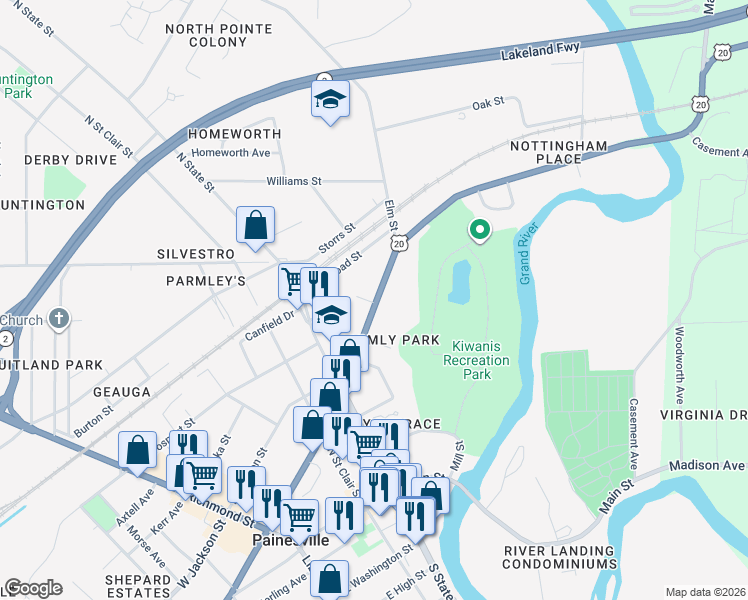 map of restaurants, bars, coffee shops, grocery stores, and more near 424 East Erie Street in Painesville