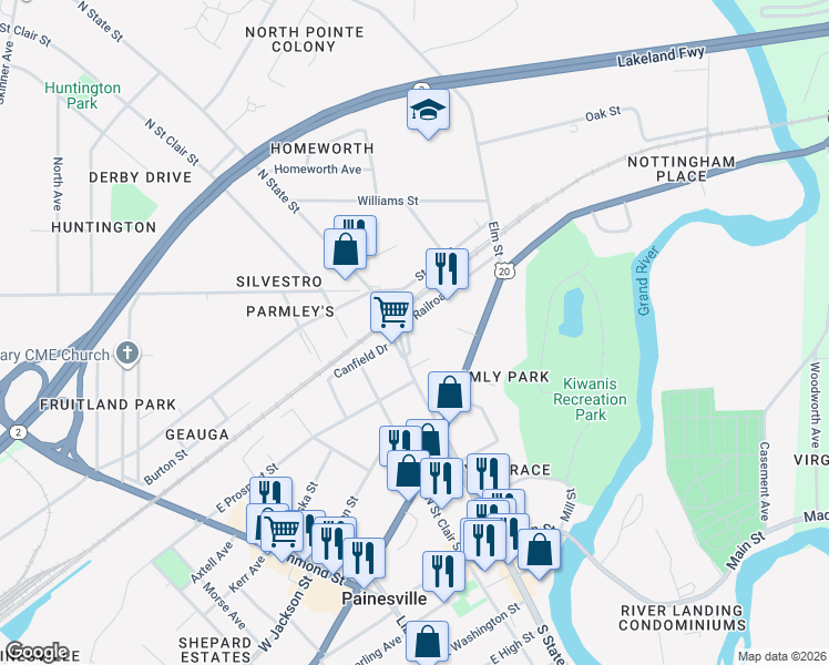 map of restaurants, bars, coffee shops, grocery stores, and more near 324 North State Street in Painesville