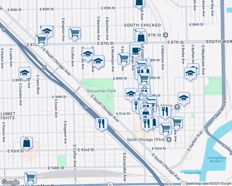 map of restaurants, bars, coffee shops, grocery stores, and more near 9009 South Muskegon Avenue in Chicago