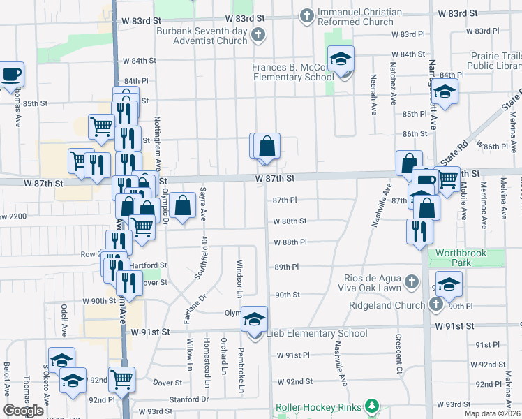 map of restaurants, bars, coffee shops, grocery stores, and more near 8750 Oak Park Avenue in Oak Lawn