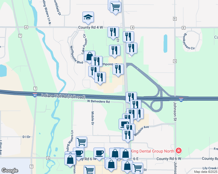 map of restaurants, bars, coffee shops, grocery stores, and more near 3101 Northview Drive in Elkhart