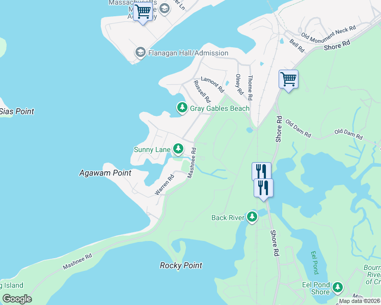 map of restaurants, bars, coffee shops, grocery stores, and more near 20 Mashnee Road in Bourne