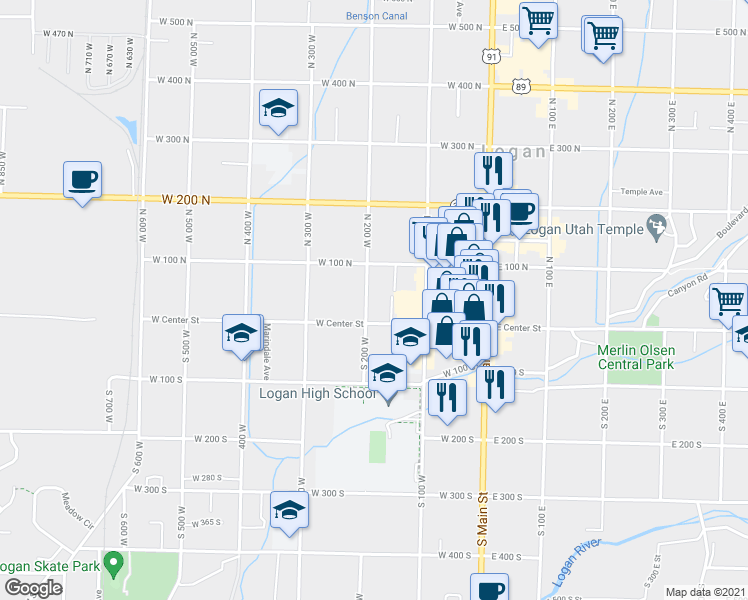 map of restaurants, bars, coffee shops, grocery stores, and more near 30 North 200 West in Logan