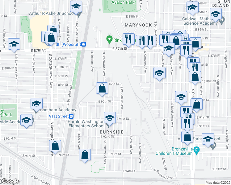 map of restaurants, bars, coffee shops, grocery stores, and more near 8929 South University Avenue in Chicago