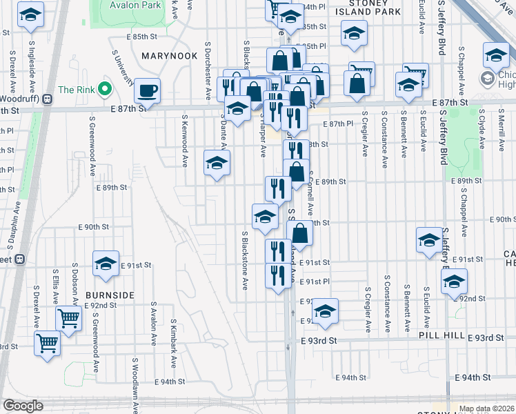 map of restaurants, bars, coffee shops, grocery stores, and more near 8959 South Harper Avenue in Chicago