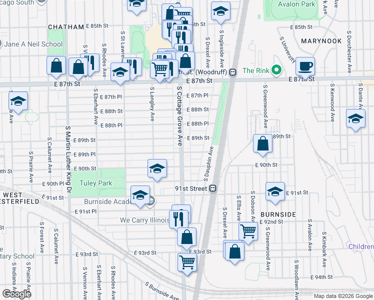 map of restaurants, bars, coffee shops, grocery stores, and more near 804 East 89th Place in Chicago