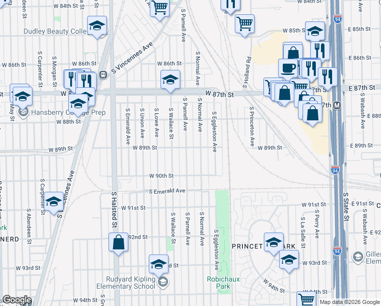 map of restaurants, bars, coffee shops, grocery stores, and more near 8848 South Parnell Avenue in Chicago