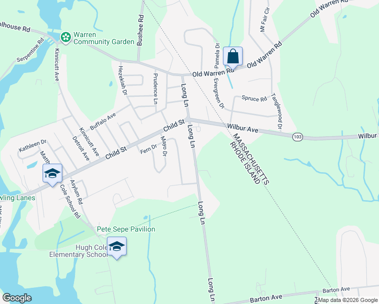 map of restaurants, bars, coffee shops, grocery stores, and more near 19 Long Lane in Warren