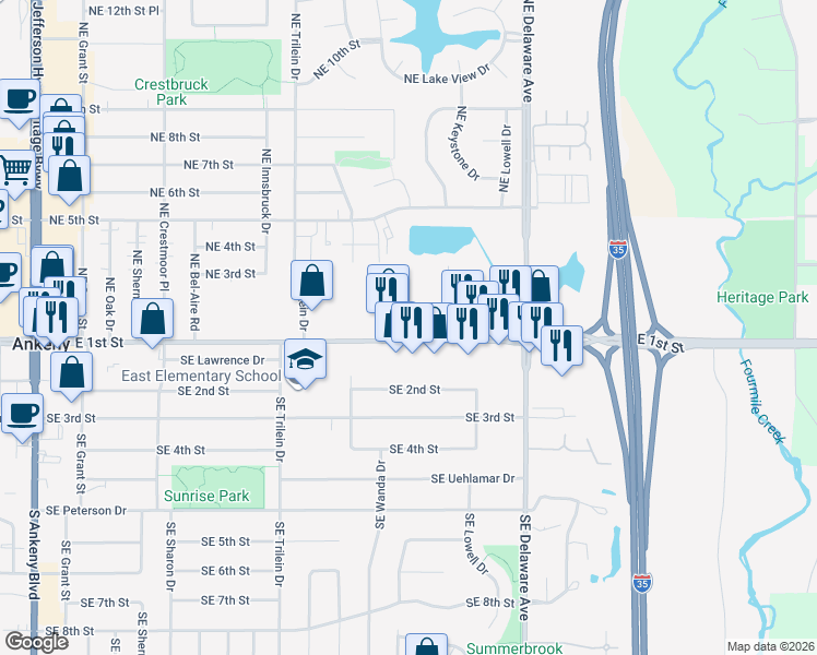 map of restaurants, bars, coffee shops, grocery stores, and more near 820 East 1st Street in Ankeny