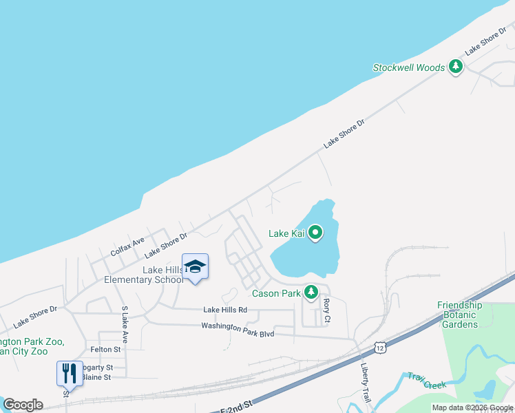 map of restaurants, bars, coffee shops, grocery stores, and more near 1402 Lake Shore Drive in Michigan City