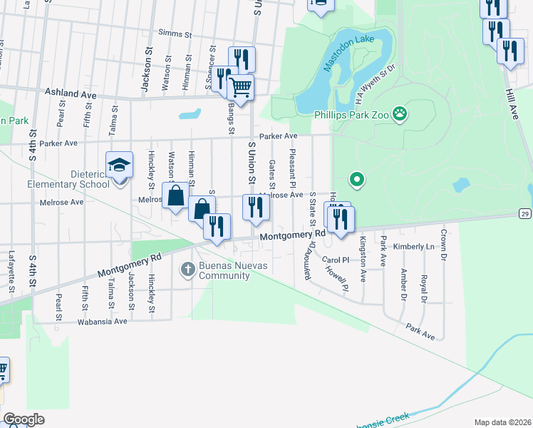 map of restaurants, bars, coffee shops, grocery stores, and more near 1221 Gates Street in Aurora
