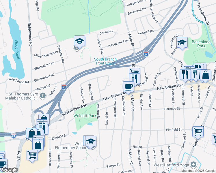 map of restaurants, bars, coffee shops, grocery stores, and more near 107 Shadow Lane in West Hartford