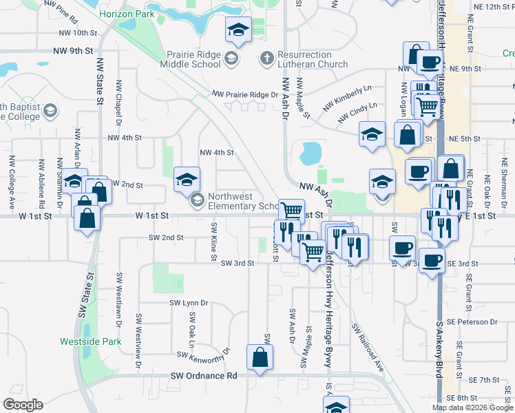 map of restaurants, bars, coffee shops, grocery stores, and more near 117 Northwest Des Moines Street in Ankeny