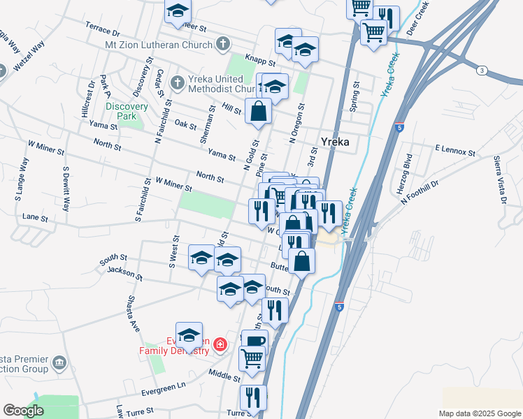 map of restaurants, bars, coffee shops, grocery stores, and more near 407 North Street in Yreka