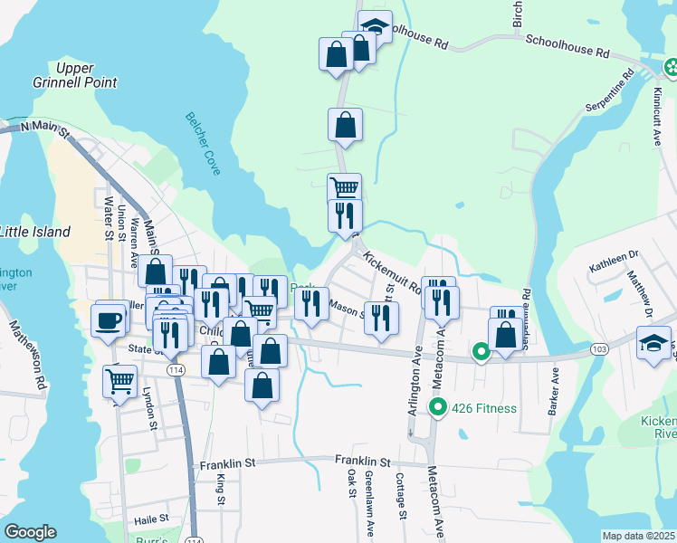 map of restaurants, bars, coffee shops, grocery stores, and more near 246 Market Street in Warren