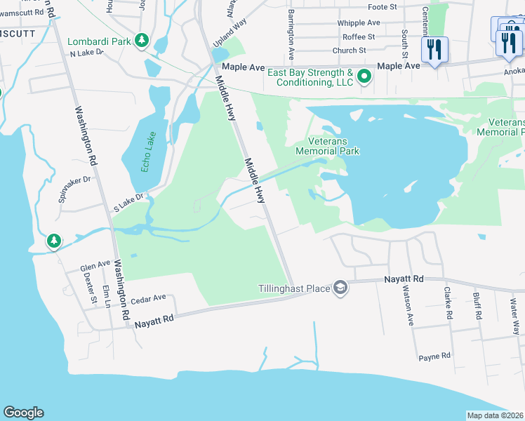 map of restaurants, bars, coffee shops, grocery stores, and more near 485 Middle Highway in Barrington