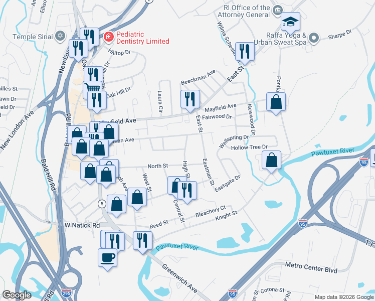 map of restaurants, bars, coffee shops, grocery stores, and more near 50 Bateman Avenue in Cranston
