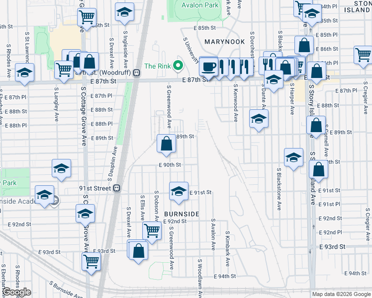 map of restaurants, bars, coffee shops, grocery stores, and more near 8900 South Woodlawn Avenue in Chicago