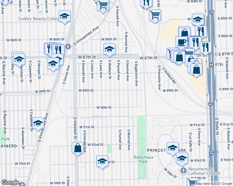 map of restaurants, bars, coffee shops, grocery stores, and more near 8848 South Parnell Avenue in Chicago