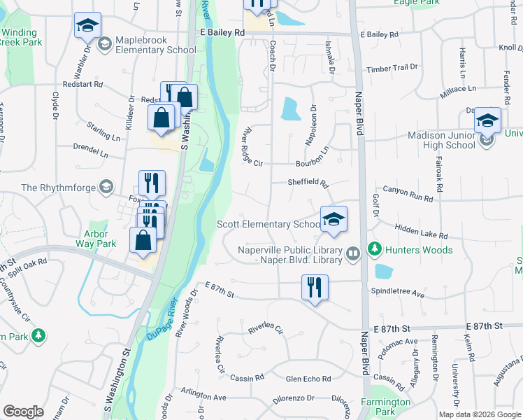 map of restaurants, bars, coffee shops, grocery stores, and more near 1925 Coach Drive in Naperville