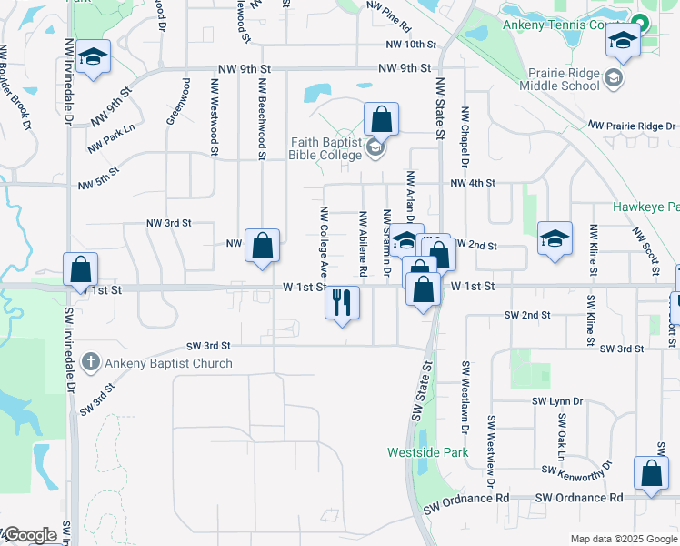 map of restaurants, bars, coffee shops, grocery stores, and more near 201 Northwest College Avenue in Ankeny