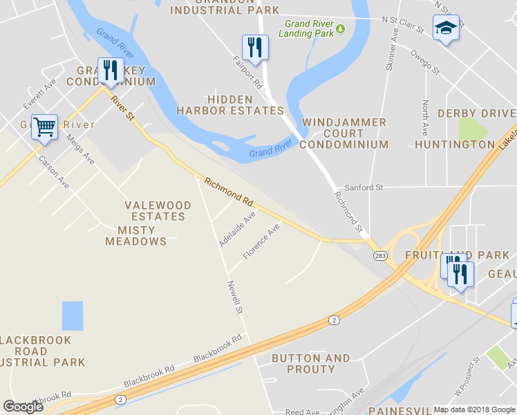 map of restaurants, bars, coffee shops, grocery stores, and more near 2 Adelaide Avenue in Painesville