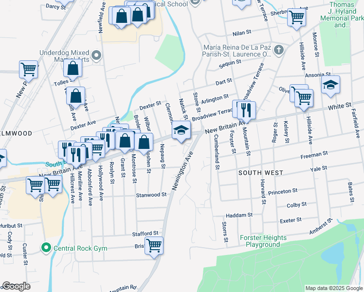 map of restaurants, bars, coffee shops, grocery stores, and more near 757 New Britain Avenue in Hartford