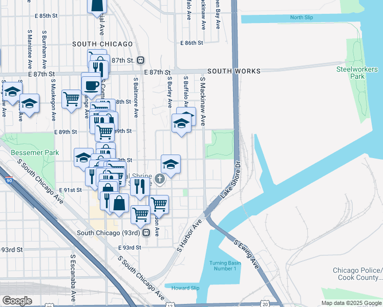 map of restaurants, bars, coffee shops, grocery stores, and more near 8949 South Buffalo Avenue in Chicago