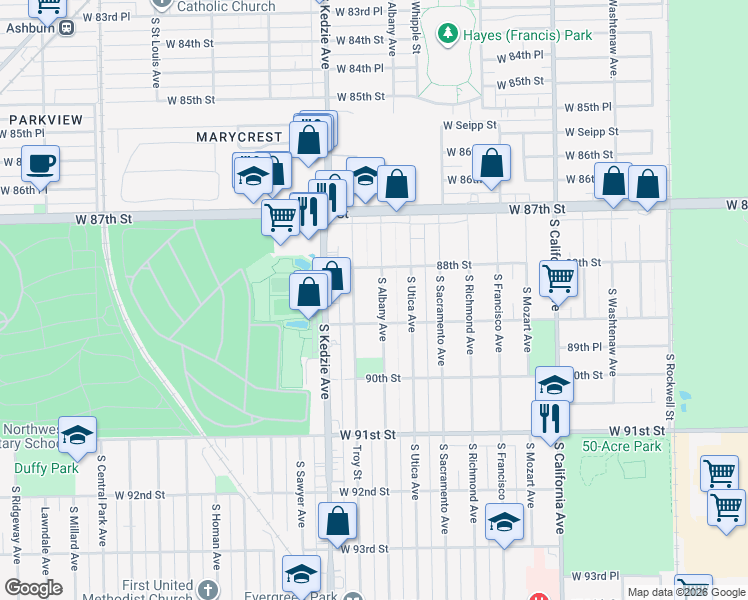 map of restaurants, bars, coffee shops, grocery stores, and more near 8834 South Albany Avenue in Evergreen Park