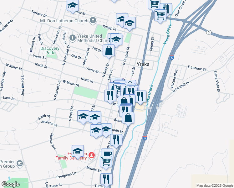 map of restaurants, bars, coffee shops, grocery stores, and more near 407 Yreka Street in Yreka