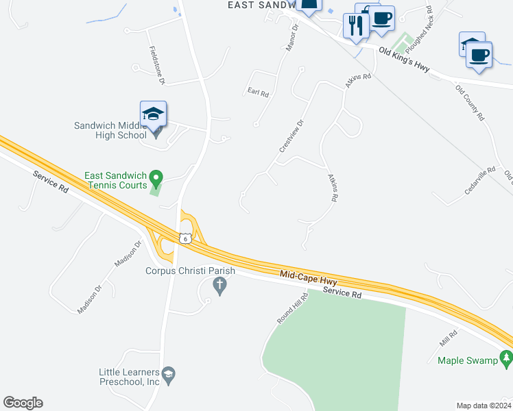map of restaurants, bars, coffee shops, grocery stores, and more near 1 Lisa Lane in Sandwich