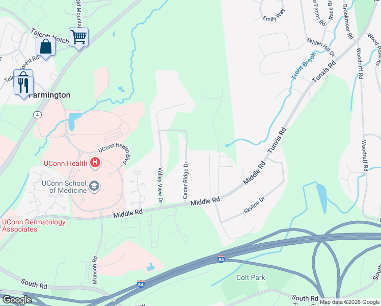 map of restaurants, bars, coffee shops, grocery stores, and more near 24 Cedar Ridge Drive in Farmington