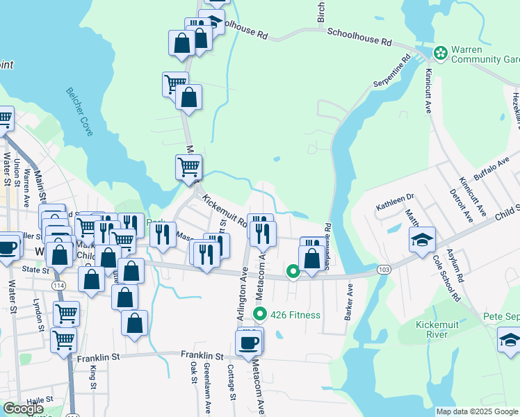 map of restaurants, bars, coffee shops, grocery stores, and more near 212 Metacom Avenue in Warren