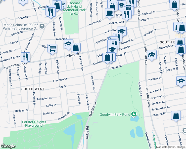 map of restaurants, bars, coffee shops, grocery stores, and more near 48 Freeman Street in Hartford