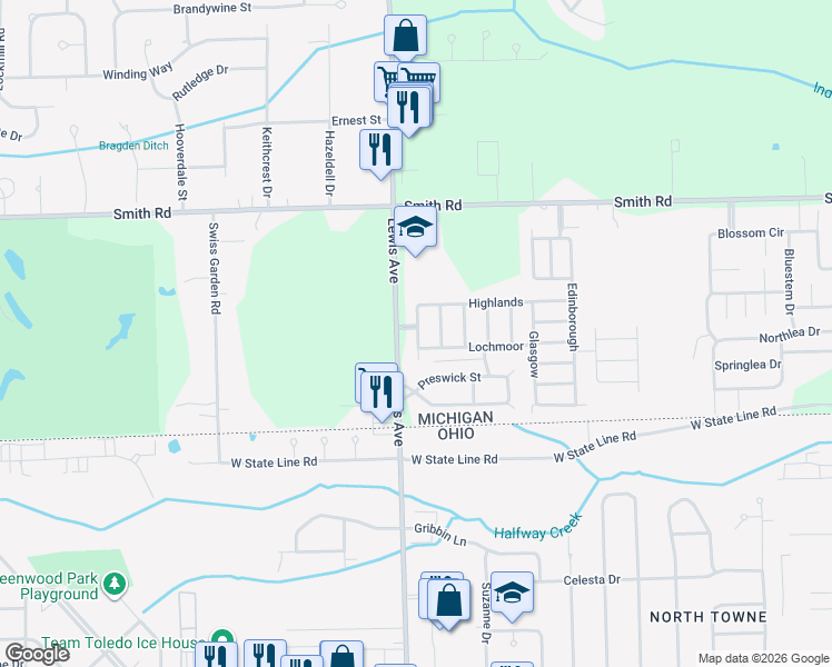 map of restaurants, bars, coffee shops, grocery stores, and more near 282 Highlands in Temperance