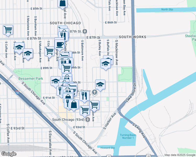 map of restaurants, bars, coffee shops, grocery stores, and more near 8924 South Burley Avenue in Chicago